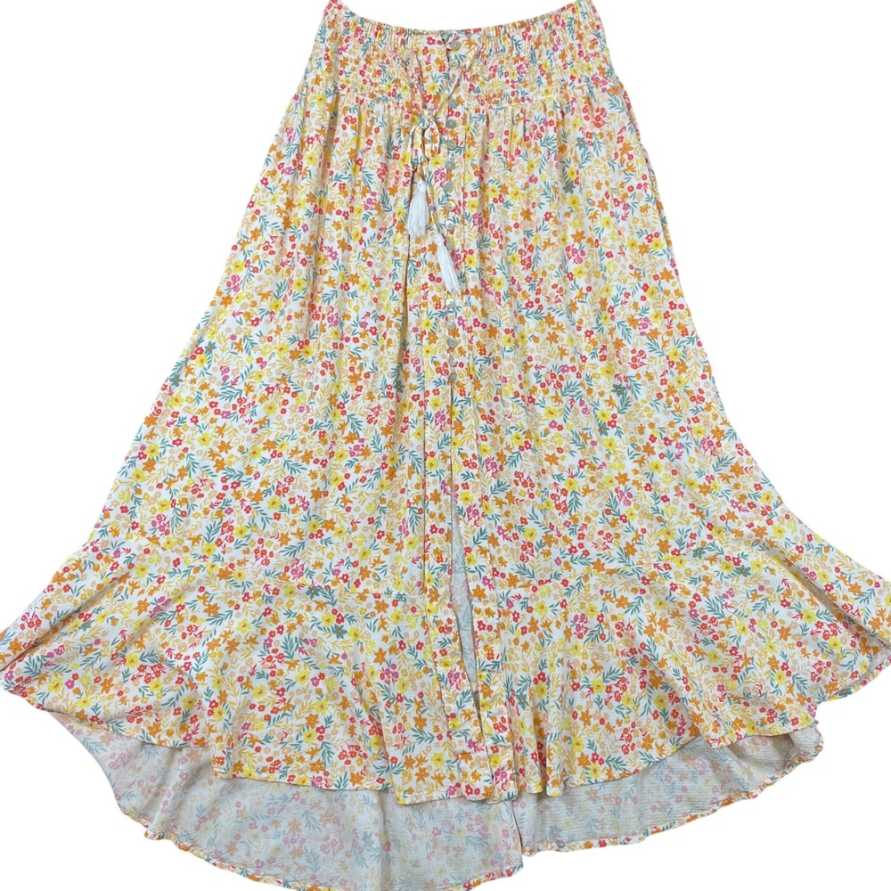 Cynthia Rowley Womens Floral Maxi Skirt Size M Tassled Boho Hippie Festival